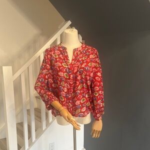 Pilcro Red and White Boxy Blouse with Mandarin Collar